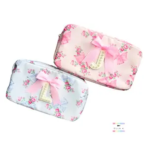 Custom Pearl Letter Patch Coquette Bow Rose Floral Makeup Bag / Nylon Makeup Bag / Initial Makeup Pouch with Custom Pearl Letter