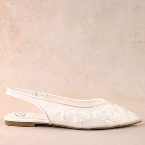 Rumi Beaded White Flat Shoe Pointed Toe Formal Footwear Women