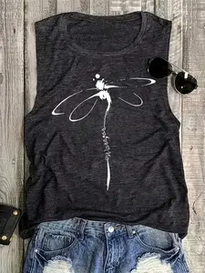 Oversized Sleeveless Graphic Tee, Dragonfly Warrior Print, Casual Loose-Fitting Tank Top, All Seasons, Pop Art Print, Without Collar