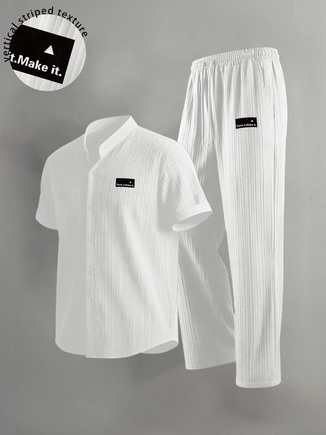 2-Piece Ribbed Texture Men's Sleepwear & Loungewear Collared Pajamas Set | Lightweight Skin-Friendly Mandarin Collar Top with Logo Patch & Elastic Waist Pants | Versatile Outfit for Sleeping, Lounging, and Casual At-Home Days