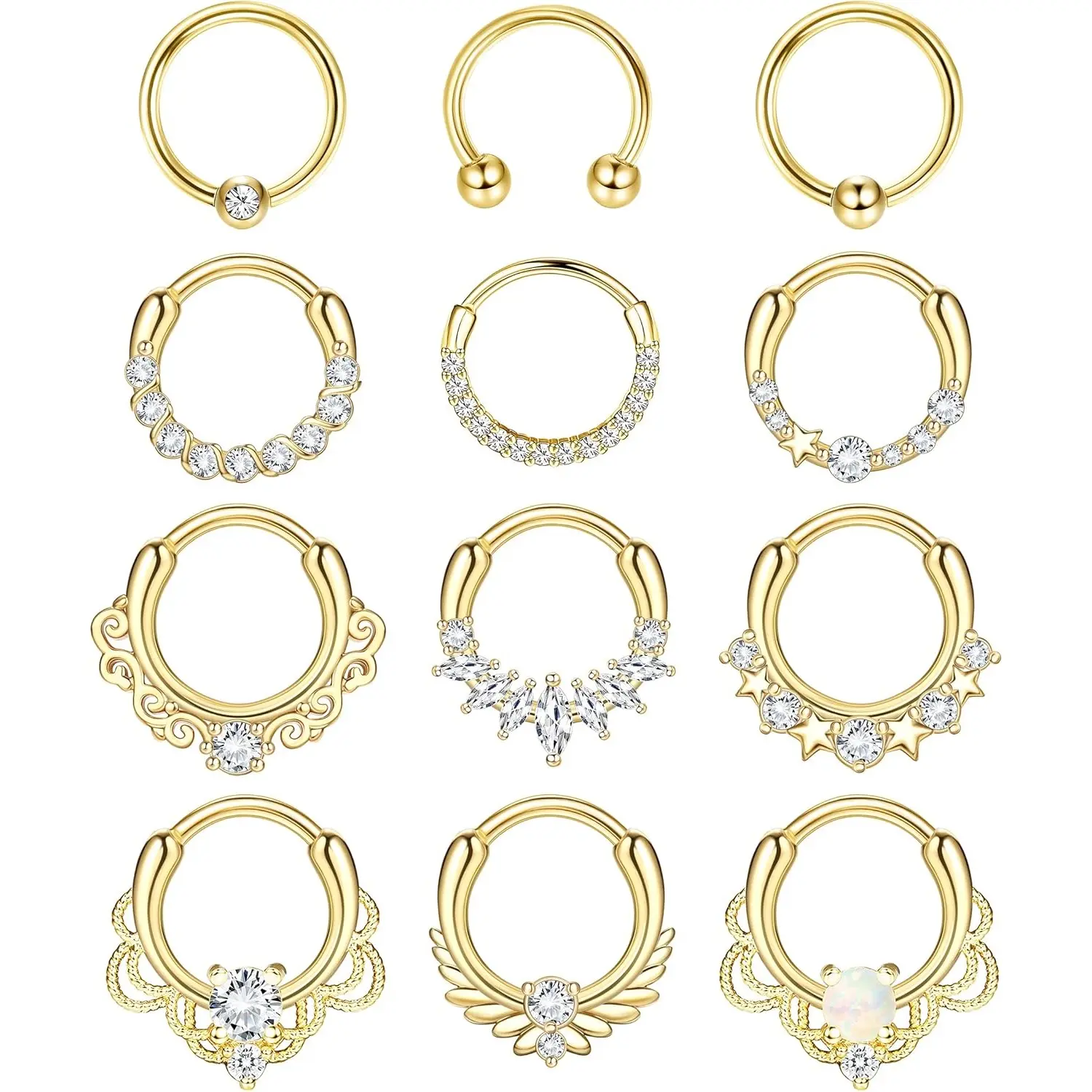 Milacolato 12pcs 16g Lead-Free Stainless Steel CZ Body Jewelry - Hinged Nose Rings Hoops, Septum Clicker Ring, Daith Helix Tragus Cartilage Earrings for Daily, Casual Wear
