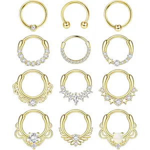 MILACOLATO 12pcs Septum Jewelry 16g Daith Earrings Hinged Hoop Nose Rings Septum Clicker Cz Stainless Steel Cartilage Earring Helix Tragus Daith Piercing Jewelry