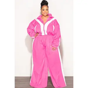 Final Sale Plus Size 2pc Oversized Sporty Color Block Zip-Up Tracksuit Set in Pink and White
