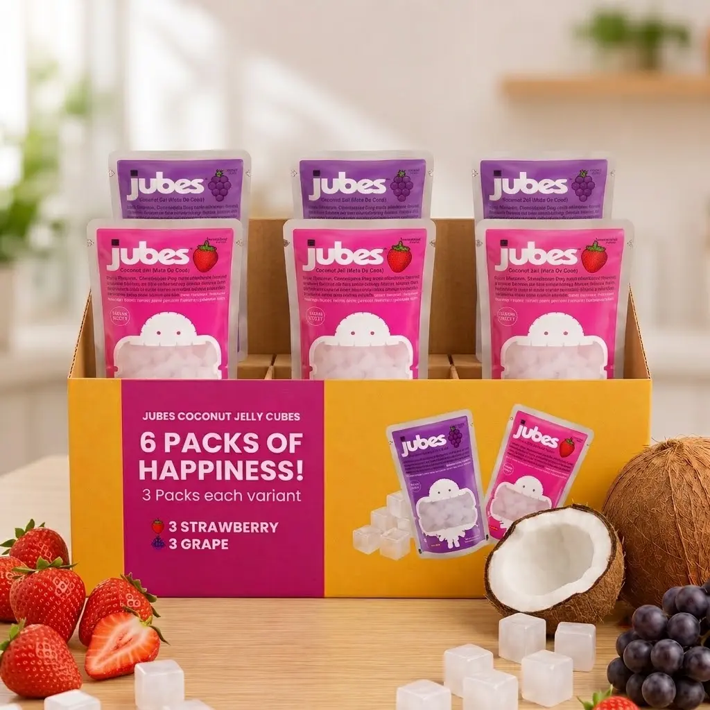 Jubes Nata De Coco Coconut Jelly Cubes, Strawberry and Grape Combo Pack Dessert Treats, Chewy Jelly Packets for Toppings and Snacking