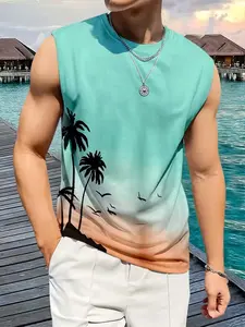 Men's Gradient Sleeveless T-Shirt, Summer Beach Coconut Tree Pattern, Fashion Casual Vest, Lightweight Breathable Loose Comfort Fit