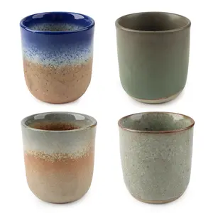 Traditional Handmade Matte Aesthetic Japanese-Style Ceramic Cup & 4-Piece 200ml Tea Set - Blue Ice, Red Coral, Mineral, Light Moss Colors - Microwave, Dishwasher Safe for Home, Office