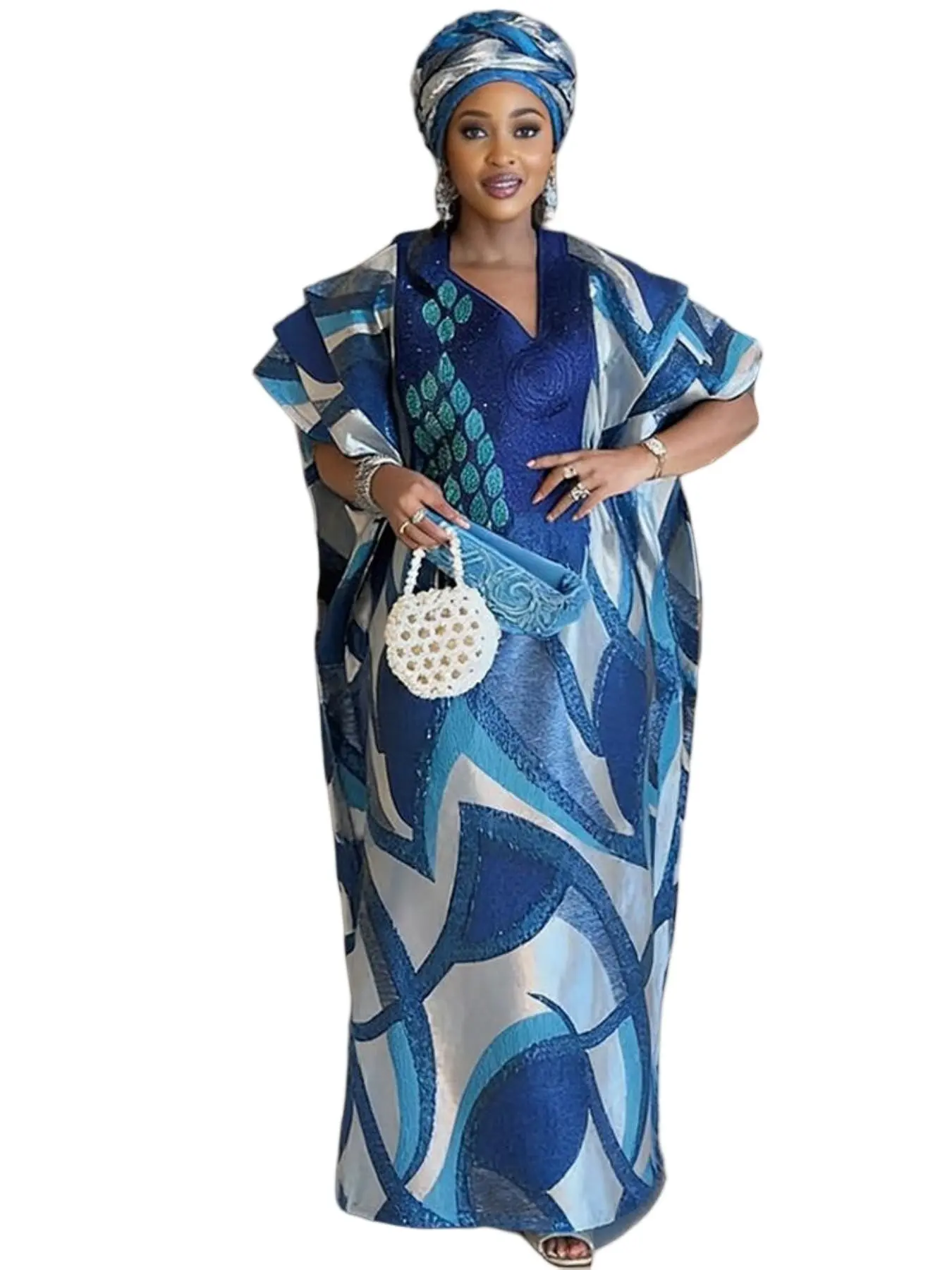 African Women's Embroidered Plus Size Robe with Headscarf Matching, Loose Geometric Print Dress, Ethnic Traditional Clothing, Comfortable and Stylish, Casual Wear