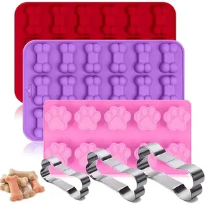 Puppy Dog Paw and Bone Silicone Molds, Non-Stick Food Grade Silicone Molds for Chocolate, Candy, Jelly, Ice Cube, Dog Treats.(Pink, Red, Purple)