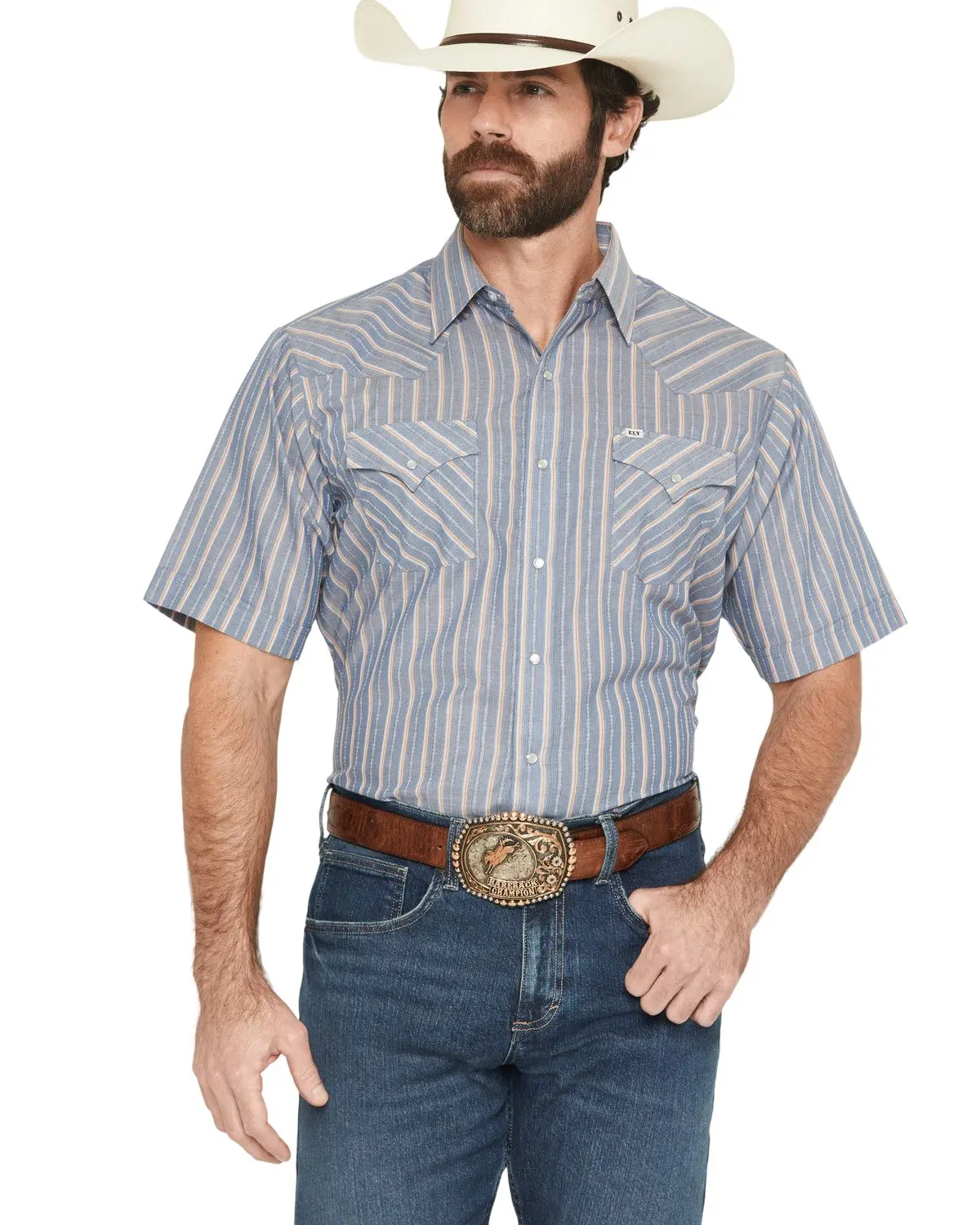 Ely Walker Men's Men'S Barbed Wire Striped Short Sleeve Pearl Snap - 2026316-Bl
