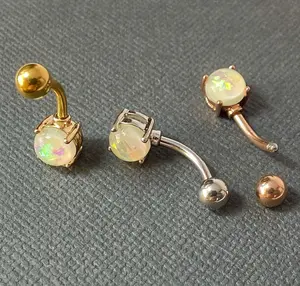 3pc Bulk Pack Ion Plated Steel w/ Opal Belly Rings 14g Navel Naval Body Jewelry