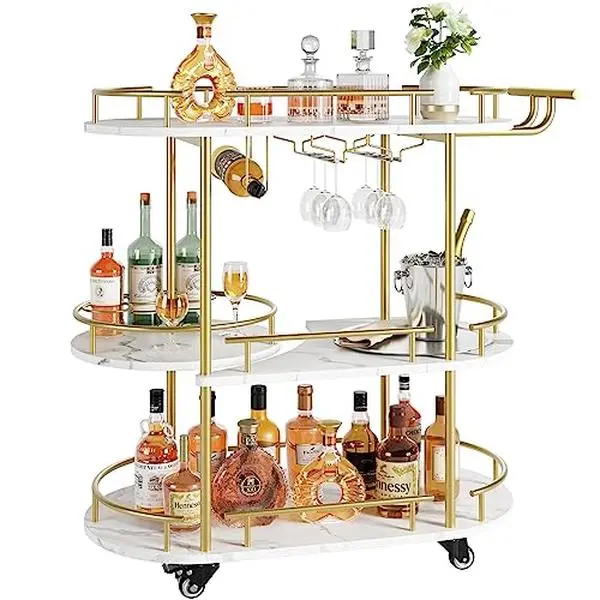GARVEE 3 Tier Rolling Wine Bar Cart for Home, Small Drink Cart with Rotating Shelf, Wine & Glass Holder, Decorative Mobile Beverage Stand for Living Room Dining Room