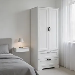 Armoire Wardrobe Closet with 2 Drawers,63.5" Wooden Bedroom Armoire with 2 Doors, Clothing Storage Cabinet withHanging Rod,for bedroom