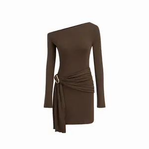Cider Asymmetrical Neck Long Sleeve Metal Detail Draped Mini Dress Dealsforyou