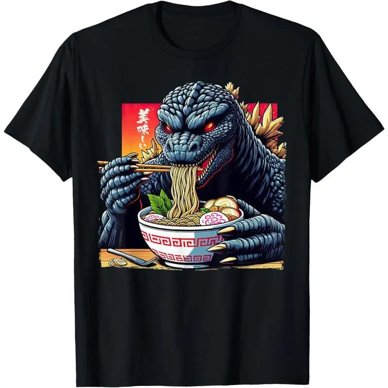 Men's 100% Cotton Short-Sleeve Casual Streetwear Distressed Graphic T-Shirt - Funny Kaiju Eating Ramen Design for Japanese Monster Lovers, Birthday Gift, Shortsleeve
