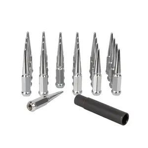 M14x1.5 Spike Lug Nuts Chevy Silverado 6 Lug, 24pcs 4.4" Tall Chrome Spiked Lug Nut 6x5.5 Conical Bulge Seat with 1 Socket Key Compatible with Chevy Silverado, GMC Sierra, Ford F150, Ram 1500