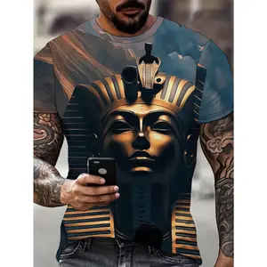 Men'S Egyptian Pharaoh Graphic T-Shirt - Full Seal 3D Digital Print, Black & Golden Ancient Egypt Design, Breathable Regular Fit Casual Tee for Summer, Machine Washable Everyday & Themed Events, Summer Outfit, Bold Pattern Shirt, Durable Fabric