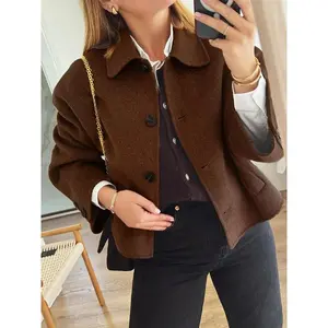 Women’s fashionable brown long-sleeved jacket, customized with a structured H-shaped contour. The classic single-breasted button-front design is perfect for layering or wearing alone. Suitable for daily wear and casual occasions | Autumn/Winter jacket