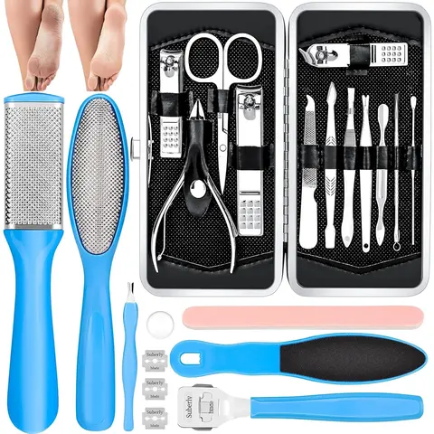 Stainless Steel Beauty Pedicure & Manicure Multi-Tool Set - Cuticle Pusher, Scraper, Foot File, Clippers, Nail File, Callus Remover, Rasp, Washable Compact Home Care Kit for Women & Children/Parents (Textiles & Soft Furnishings, Foot Massager Included)