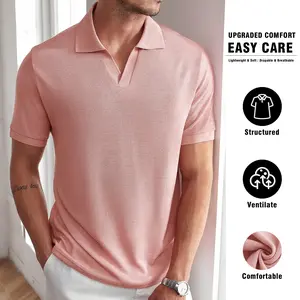 Men’s casual solid-color knit polo shirt with a collar—comfortable and versatile for business, everyday commuting, and casual wear; also suitable as a dressy polo, elegant polo, or business polo; retro-style casual men’s knitwear; men’s summer polo shirts