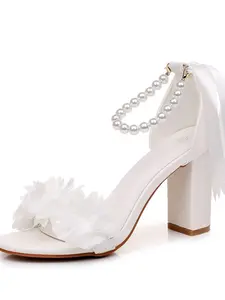 Women's Floral Pearl Wedding Shoes, Elegant Evening Dress Block Heel Sandals, High Heel Party Shoes, Stylish Bridal Shoes