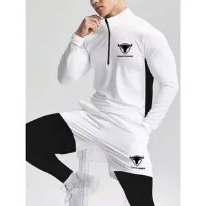 Manfinity Fitness Boyfriend Style Men Letter Graphic Quarter Zipper Sports Jacket & 2 In 1 Sports Pants, Athletic Suit, Tracksuit Workout Set