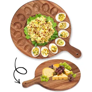 2-in-1 Acacia Wood Deviled Egg Platter & Cheese Board with Handle | Reversible Egg Holder & Cutting Board | Deviled Egg Serving Tray & Charcuterie Boards,  Wooden Deviled Egg Tray