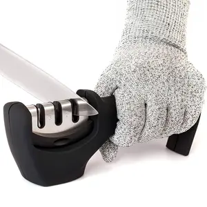 4-in-1 Kitchen Knife Accessories: 3-Stage Knife Sharpener Helps Repair, Restore, Polish Blades and Cut-Resistant Glove