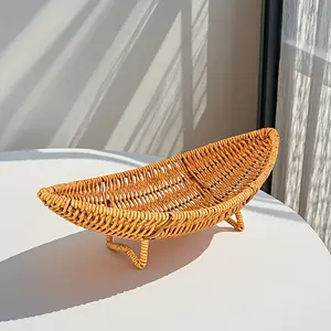Bohemian Woven Boat Basket - Handwoven Plastic Open-Top Nautical Desk & Table Storage Basket, Small -Looking Suitable for Living Room, Office, or for Decor - & Low-Maintenance, Shelf Baskets