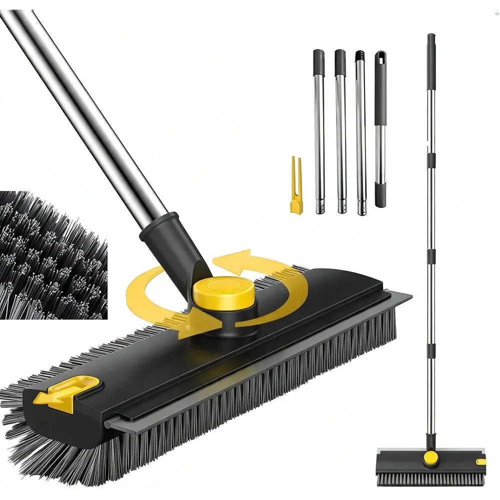 Heavy Duty 3-in-1 Adjustable Telescopic Floor Scrub Brush with Anti-Rust Stainless Steel Wand, 360-Swivel Hard Dense Bristles, Silicone Wiper - Multi-Surface Cleaning Tool for Tile, Bathroom (Black&Yellow)