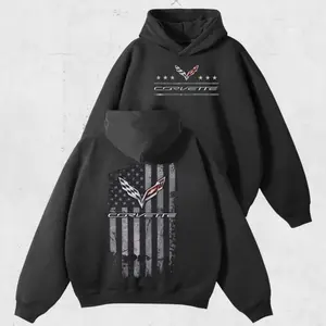 Hoodie American Flag 2 Sided Sweatshirt Mens Chevy Corvette C7 Cotton Classic Menswear Unisex