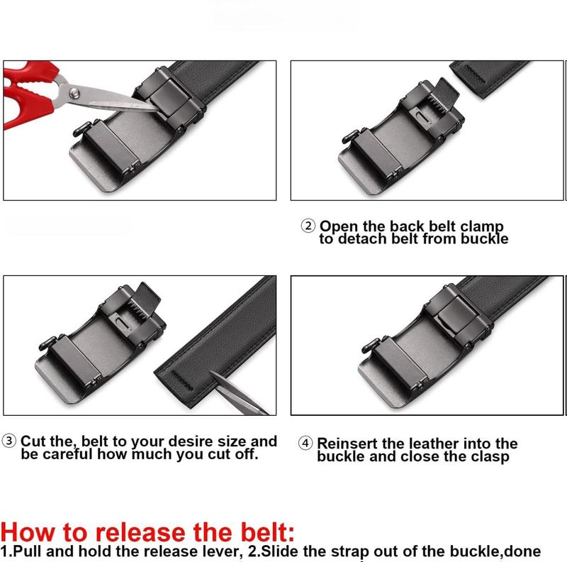 Men's Leather Belt Automatic Ratchet Buckle Slide Belt for Dress Casual Trim to Fit High-Quality Leather Strap & Alloy Buckle Classic Design