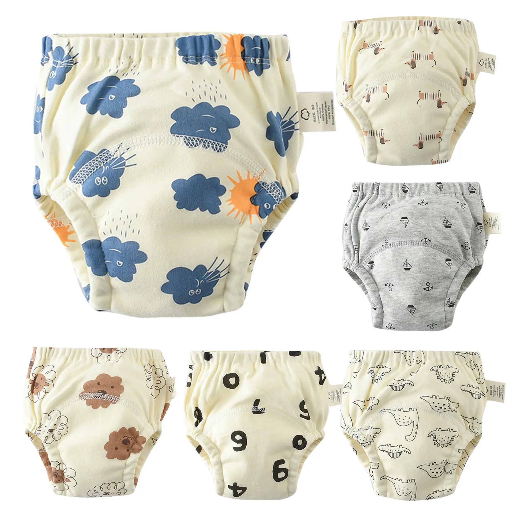 6-Pack Cotton Training Pants for Boys High Quality Baby Diaper Cover Underwear Reusable and Waterproof Pee Training Undepants Cute Designs Assorted Pee Training Underwear Toddler Absorbent Boxer Briefs Newborn Infant Clothes Gift