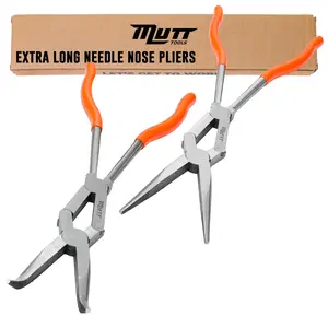 Mutt Tools 2pc 13" Extra Long Pliers Set – Needle Nose & 45° Bent Nose Pliers – Double Jointed Tools for Tight Spaces – Ideal for Automotive & Electrical Work
