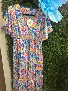 Umgee Satin Paisley Ruffle Trim Tiered A-Line Midi Dress