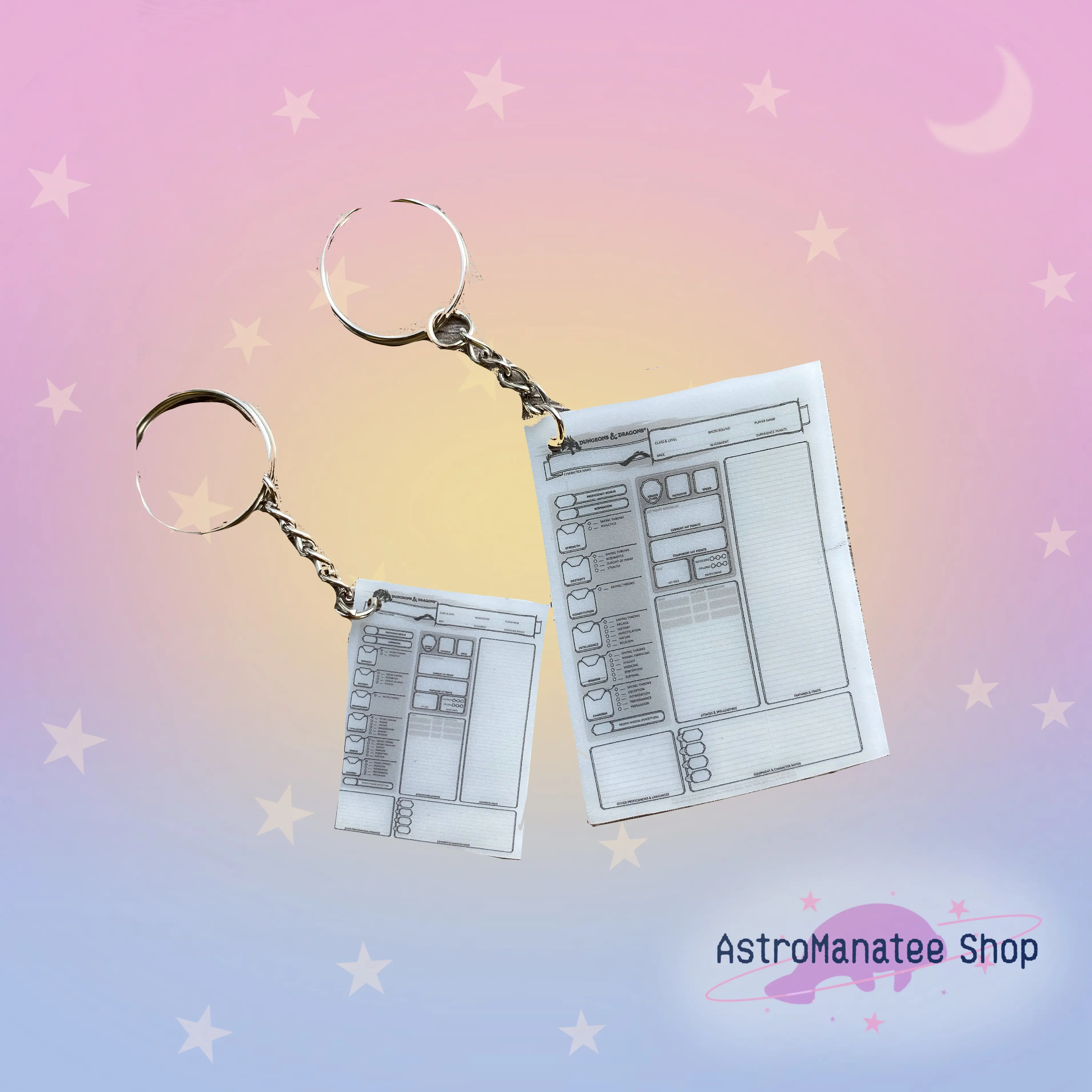 D&D Character Sheet 4” Keychain for bags, backpacks, and shoes // dungeons and dragons // ttrpg dice // dungeon master gift