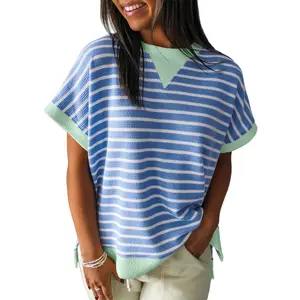 Asvivid Women's T-shirt Summer Striped Contrast Loose Fashion Comfortable Casual Short-sleeved Top
