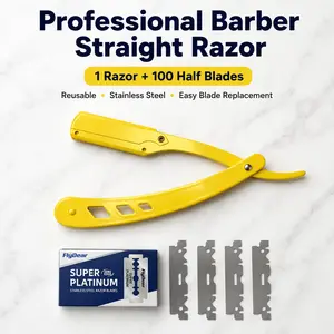 Premium Yellow Straight Razor for Men – Folding Barber Shavette with 100 Safety Blades, Sharp Close Shave, Stainless Steel, Reusable, Easy Blade Replacement, Travel & Beard Grooming Kit classic shaving gear head body