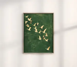 Green And Gold Japanese Wall Art · Cranes Japanese Print · Emerald Green Decor Poster No Frame |     Eclectic Decor, Large Wall Art Birds