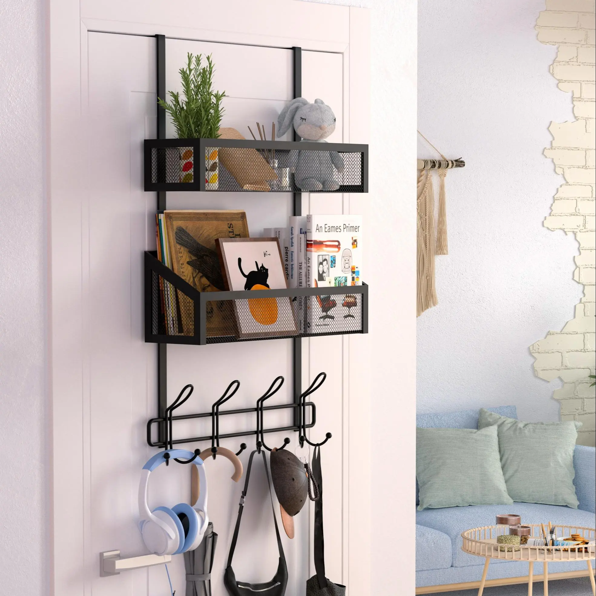 Over The Door Storage Rack, Wall Mounted Over The Door Hanger with 12 Hooks & 2 Mesh Baskets, Home Organizer, Bedroom Organiser, Bath Storage Holder for Bathroom, Kitchen, Office, Durable Sturdy Rack