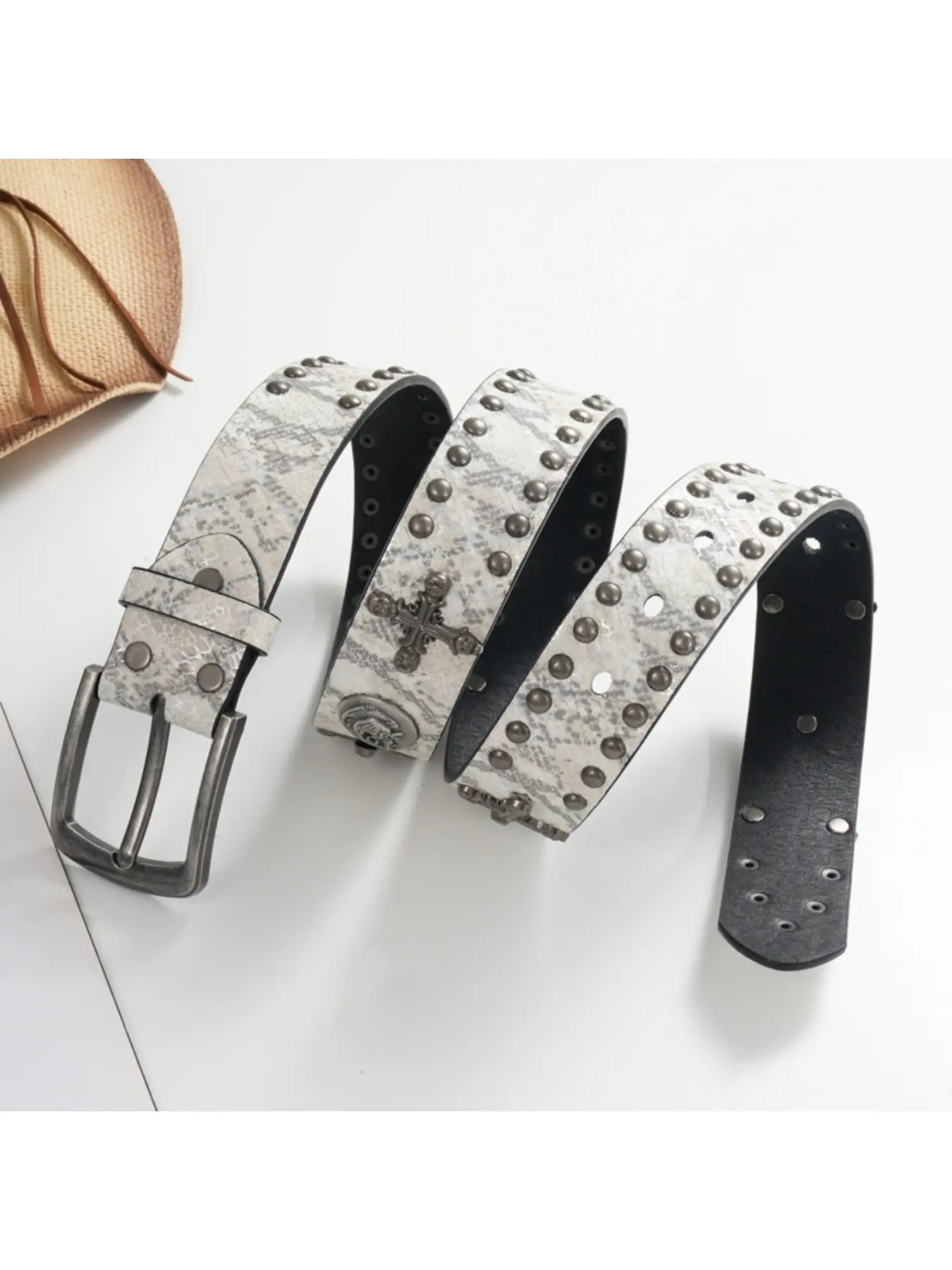 Rhinestone Cross Leopard Belt with Studded Design Vintage Leopard Print Rhinestone Belt: Leather Rock Glam  main image 3