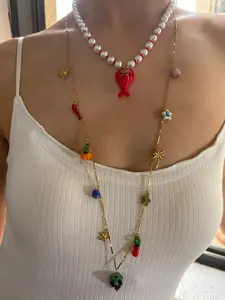 81+5cm Fashion Creative Golden Sun Star Coconut Tree Glass Grape Pendant Necklace for Women Stainless Steel Long Chain