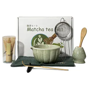 Premium Matcha Set Kit, 6-Piece Ceramic Matcha Bowl & Bamboo Whisk Set with Scoop, Sifter, Chasen Holder & Brush, Complete Matcha Making Kit for Beginners & Enthusiasts (Mottled Green)