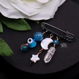 Blue Apatite Evil Eye Charm Saftey Pin- Button Pins & keychains