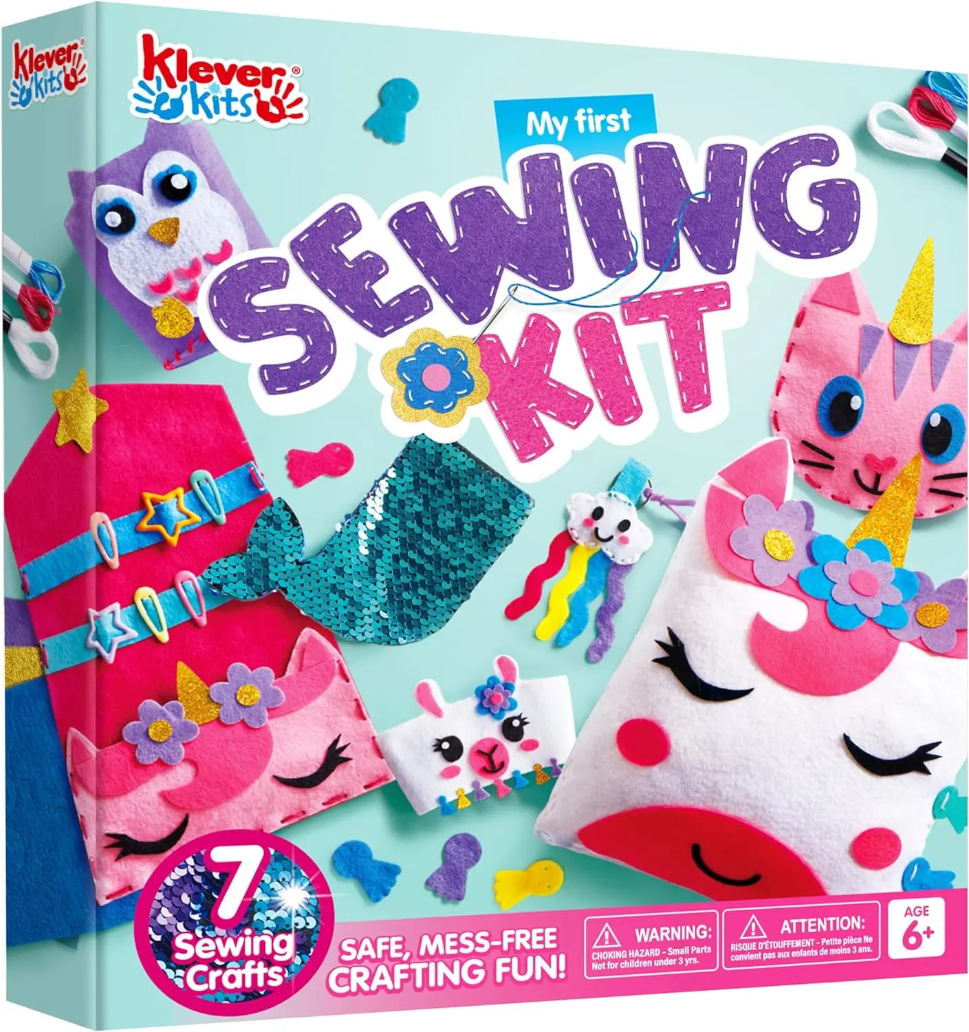 Klever Kits My First Felt Sewing Kit - 7 Easy DIY Animal Crafts for Kids Aged 6+ - Unicorn Pillow & Mermaid Card Holder - Safe Mess-Free Crafting - Perfect Gift for Girls - Item 60127