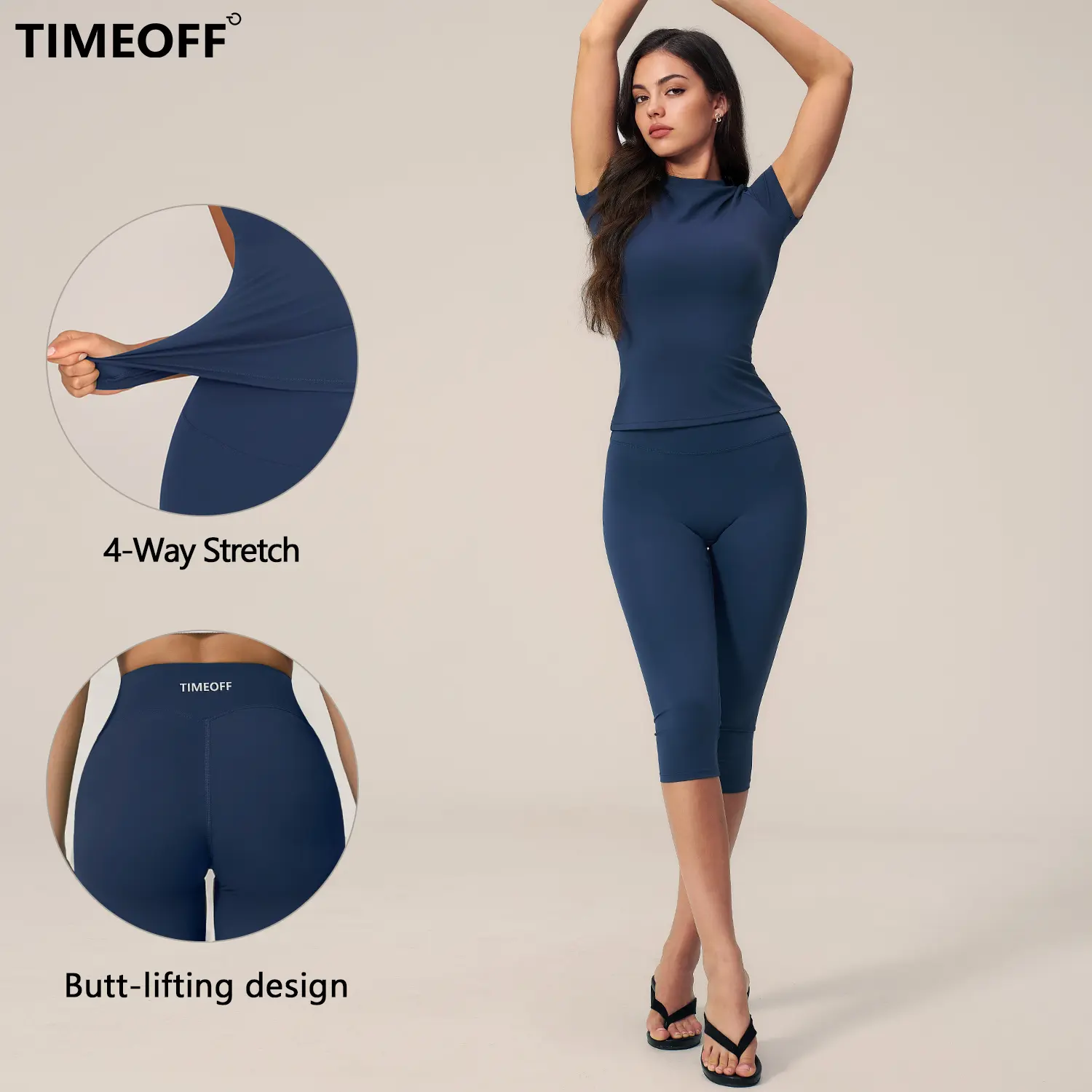TIMEOFF Women's 2-Piece Yoga Activewear Set - Short Sleeve Round Neck Workout Top, High Waist Capri Leggings with Butt Lifting, Soft Stretchy, Sweat Wicking, Non-See-Through for Gym, Running, Daily Casual, Two Piece Set