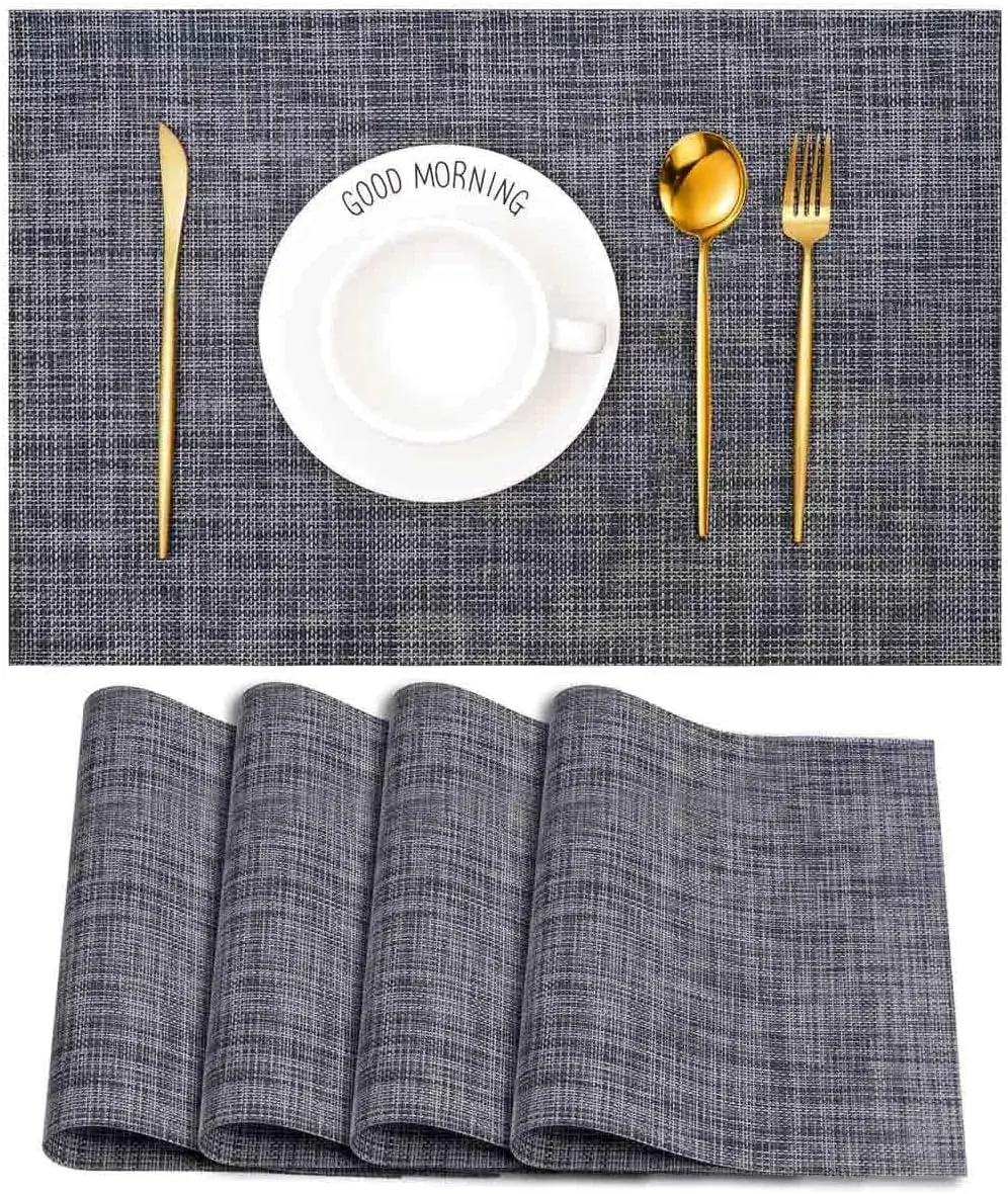 4-Piece Rectangle Woven PVC Plastic Placemats and Coasters Set (12x18in Dark Gray) - 10% Thicker Than Normal, Heat-Resistant, Non-Slip, Washable, Dust-Proof, Durable Kitchen Tableware, Bend/Cut-Friendly, Wipe/Hang Dry for Indoor Modern Dining, Dining Hall