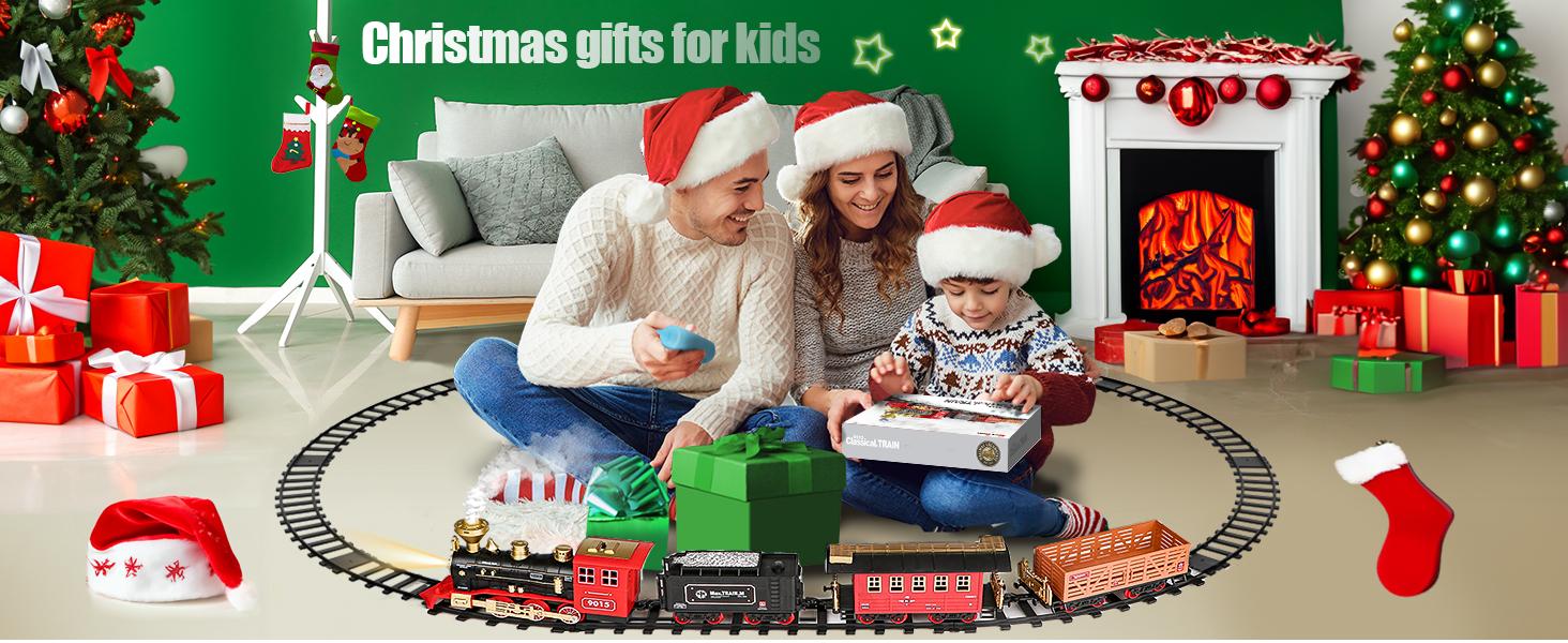 Hot bee Christmas Steam Locomotive Train Set - Electric Trains Cars & Tracks, Sounds & Lights,Christmas Toys for Kids, Incorporating Christmas Train and Model Train Layout Elements