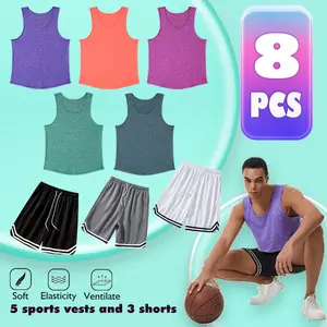 Men’s 8-piece tank top and shorts athletic set: 5 sports tanks and 3 sports shorts; multiple color options; breathable quick-dry cool-touch fabric; suitable for sports fitness and outdoor activities like soccer, basketball, and tennis; a perfect gift for