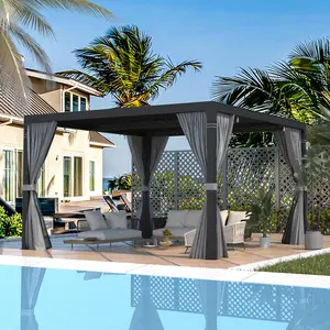 EROMMY Louvered Pergola, Aluminum Pergola with Adjustable Louvered Roof, Outdoor Pergola with Waterproof Curtains and Nets, Dark Grey