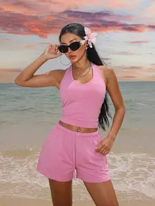 Women's Summer Halter Neck Backless 2-Piece Workout Set – Solid Color Racerback Activewear Outfit with Loose Elastic Waist Shorts, Comfortable Casual Gym Lounge Set